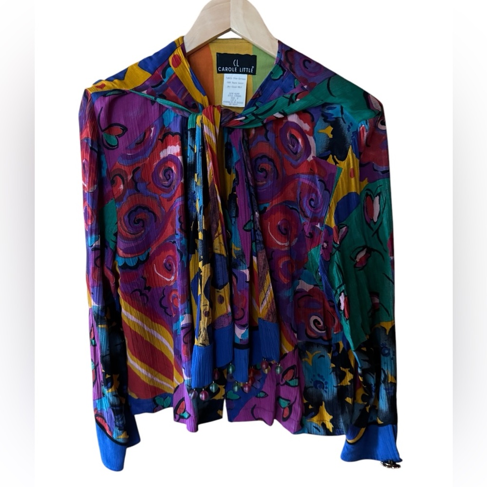 1980s Carole Little Beaded‎ Front Tie Ornate Button Down Blouse